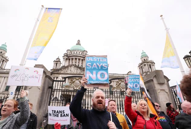 The protest at  Belfast's City hall in opposition to the UK Government's plans to change its approach to banning so-called conversion therapy.  The ban will include conversion therapy for gay, lesbian and bi-sexual people, but the government says a more sensitive approach is needed when it comes to those who are transgender.