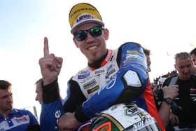 Peter Hickman celebrates his Superstock win at the North West 200 in 2019.