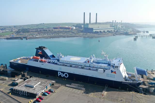 The P&O Ferries operated European Causeway vessel in dock at the Port of Larne, Co Antrim, where it had been detained by authorities for being "unfit to sail"