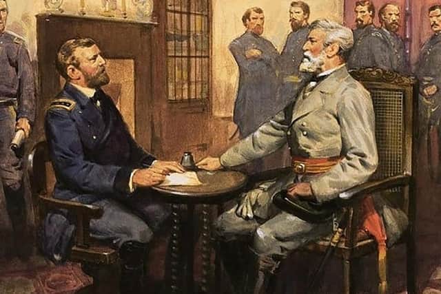 Ulysses Grant (left) accepting Robert E Lee’s surrender at Appomattox in april 1865
