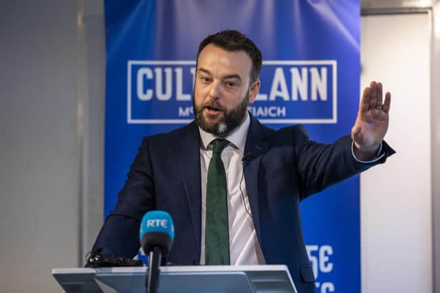 SDLP Leader Colum Eastwood speaking to party members and invited guests during the SDLP Assembly election launch at Culturlann, Falls Road.