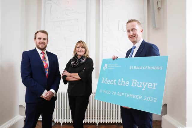 Phil Murray, NI Chamber, Angela McFall, supply chain manager, Nitronica, who will be attending Meet the Buyer 2022 as a buyer and Niall Devlin, Bank of Ireland