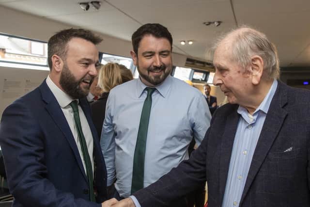 (Left to right) SDLP Leader Colum Eastwood MP, Paul Doherty, former SDLP MP and MLA for West Belfast Joe Hendron during the SDLP Assembly election launch at Culturlann, Falls Road. PA Photo.
