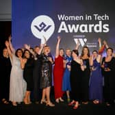 Members of the Fujitsu NI team Laura Galloghly, Susanne Doggart, Clare Jackson, Stephanie Slocombe, and Teresa Horgan, alongside Roseann Kelly MBE, Women in Business, Louise Black, PwC, Patricia O’Hagan MBE, Core Systems, Tori Cameron, SNAP, Jude McVitty, Ellen Marks, ubloquity, Melanie McMordie and Janet Burns, both BT and John Healy, Allstate NI