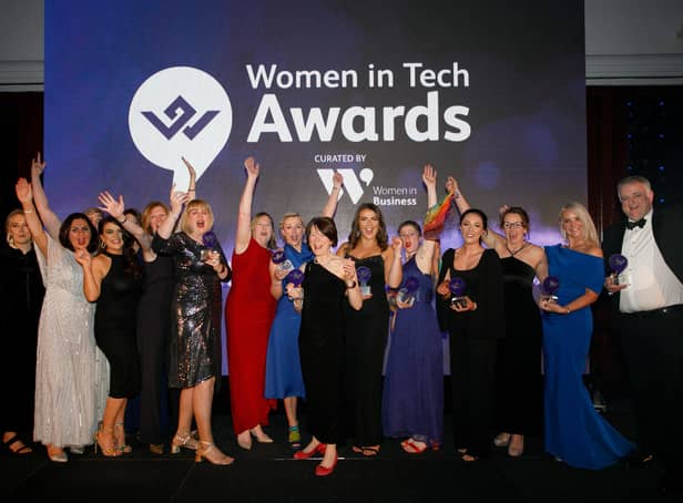 Members of the Fujitsu NI team Laura Galloghly, Susanne Doggart, Clare Jackson, Stephanie Slocombe, and Teresa Horgan, alongside Roseann Kelly MBE, Women in Business, Louise Black, PwC, Patricia O’Hagan MBE, Core Systems, Tori Cameron, SNAP, Jude McVitty, Ellen Marks, ubloquity, Melanie McMordie and Janet Burns, both BT and John Healy, Allstate NI