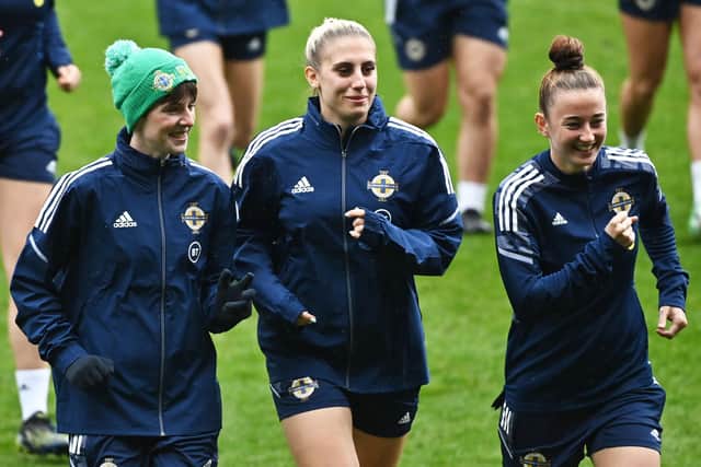 Northern Ireland's Kirtsty McGuinness,  Kelsie Burrows and Rebecca McKenna during training  at The National Football Stadium at Windsor Park ahead of the  FIFA Women's World Cup Qualifier against England. Pic by Pacemaker.