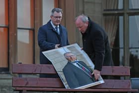 Sir Jeffrey Donaldson and Jim Allister with a defaced poster of Doug Beattie, during last Friday's rally against the protocol in Lurgan.  The accusation lundy was levelled at Ruth over a tweet she wrote about the poster, which showed a noose around the neck of the Ulster Unionist leader