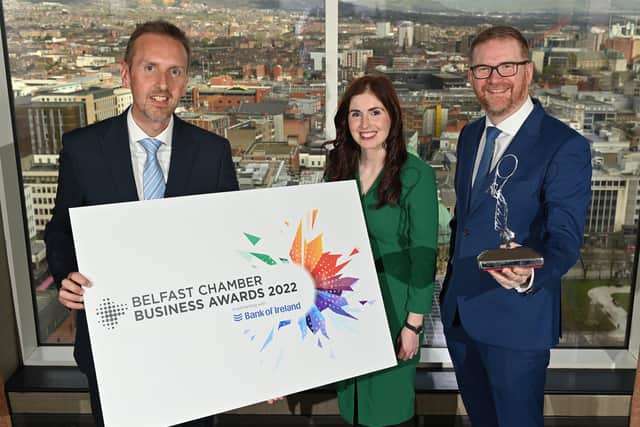 Paul McClurg, head of Belfast business banking at Bank of Ireland, Clodagh Rice, BBC NI business correspondent who hosted the launch and Belfast Chamber chief executive Simon Hamilton