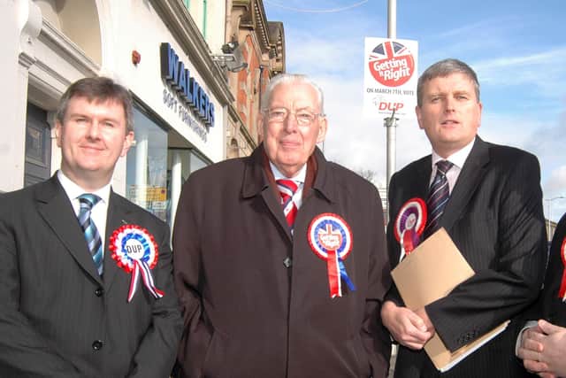 South Down DUP candidates Jim Wells along with members of parliament Jeffrey Donaldson, and Rev Ian Paisley