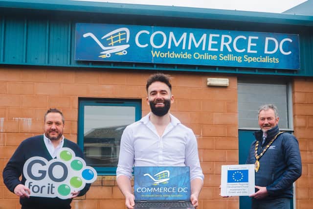 Darren Campbell (31), from Kells(centre) who launched his Amazon FBA business, Commerce DC, less than a year ago during lockdown and has gone on to launch his own outdoor brand with Business Adviser Mark Donald and William McCaughey, Mayor of Mid an East Antrim Borough Council.