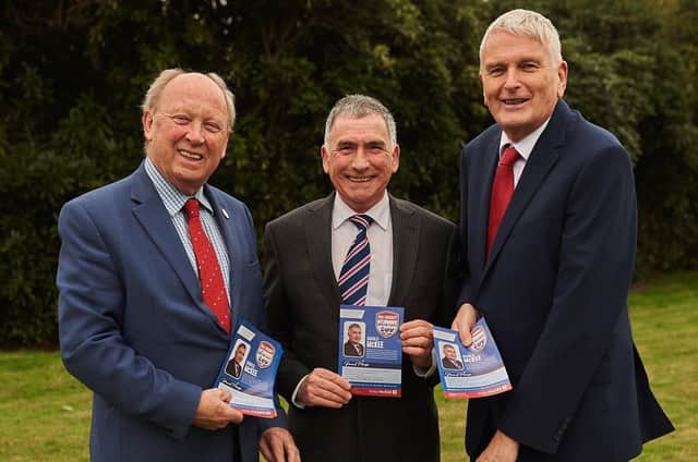 Jim Allister, left, and Jim Wells, right, with Harold McKee, TUV candidate in South Down. Mr Wells and Mr McKee both emphasised their belief in conservativel social values