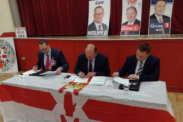 The 2022 Newry and Armagh unionist assembly election candidates, from left; TUV candidate Keith Ratcliffe, DUP candidate William Irwin and UUP candidate David Taylor.