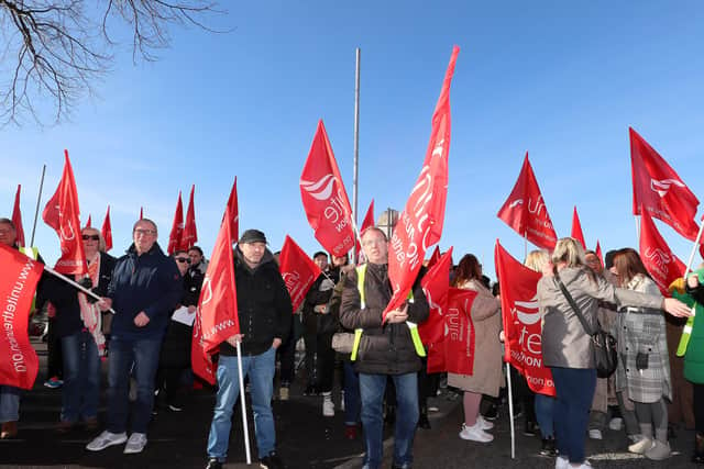 Press Eye - Belfast - Northern Ireland - 1st April 2022

Unite the Union members hold a picket as part of the strike action by workers at the Education Authority due to pay disputes. Union members pictured at Glenveagh School in Belfast. 

Picture by Jonathan Porter/PressEye