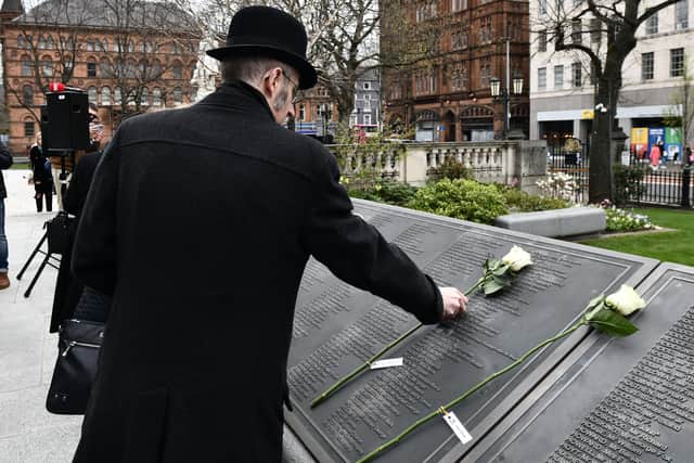 
A memorial service takes place at the Titanic Memorial Garden at Belfast City Council today to mark the 110th anniversary of the ship's sinking. 
Photo: Colm Lenaghan/ Pacemaker
