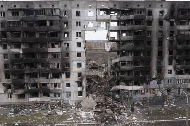 A building damaged by a Russian attack in Borodyanka, Ukraine. Britain and Ireland have many memories of violence and terrorism but do not have a good record in defending human rights and democracy at home