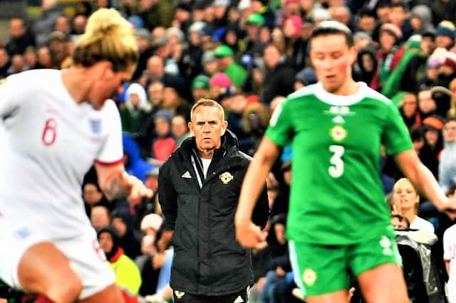 PACEMAKER PRESS BELFAST 12-04-2022: 
Northern Ireland Women v England Women 
FIFA Women's World Cup 2023 Qualifiers. 
Northern Ireland's Kenny Shiels during the game at the National Stadium, Belfast