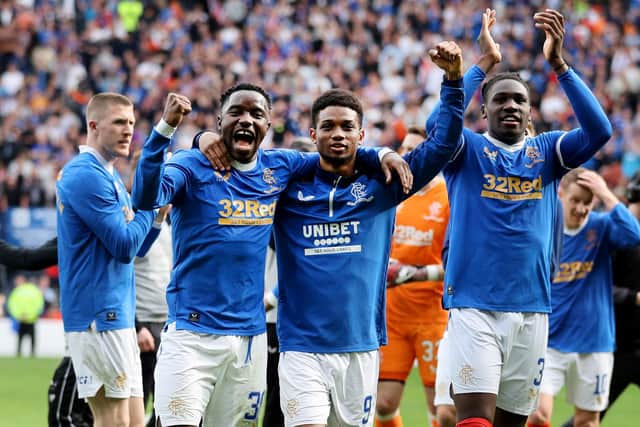 Rangers players during victory in the Scottish Cup semi-final match at Hampden Park over Celtic. Pic by PA.