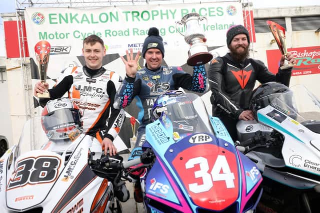 Alastair Seeley won the Enkalon Trophy for the fourth time at Bishopscourt on Saturday. Jason Lynn (left) and Thomas O'Grady were second and third overall respectively.