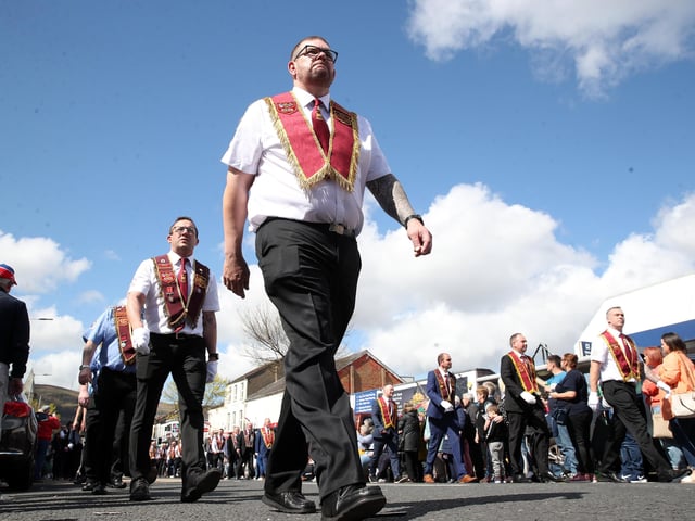 Press Eye - Northern Ireland - 18th April 2022The Apprentice Boys of Derry parade along the Shankill Road on Easter Monday.Easter Bank Holiday Monday is one the busiest days for parades during the Easter holidays.There are 54 parades planned across Northern Ireland throughout the day - 30 of which are Apprentice Boys marches.Photography By Declan Roughan - Press Eye