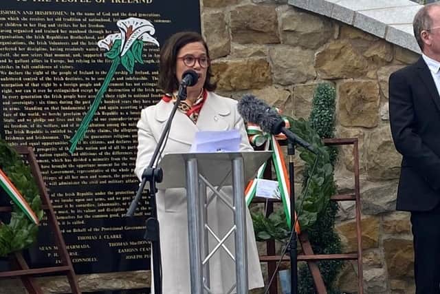 Sinn Fein’s Mary Lou McDonald during her speech at Sunday’s Easter Rising commemoration in west Belfast