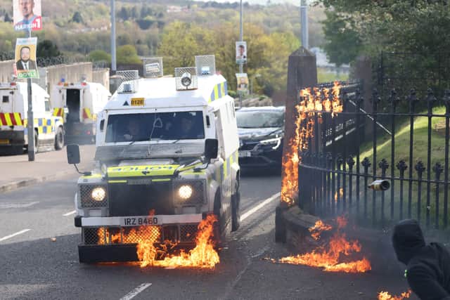 Police come under attack during Saoradh rally at the republican Easter parade at the Bogside area of Londonderry on Easter Monday 2022. Picutre by Peter Morrison / Press Eye