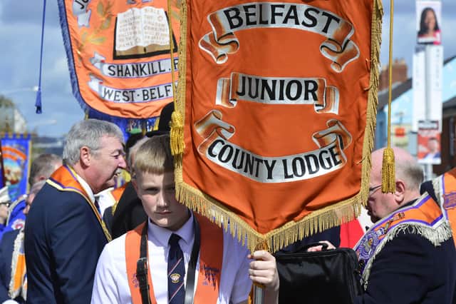 Pacemaker Press 19-04-2022:  Easter Tuesday Junior Orange parade from Ballynafeigh Orange Hall in south Belfast, eastward to Cregagh Youth and Community Centre, in East Belfast.Picture By: Arthur Allison/Pacemaker Press.