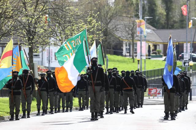 Saoradh Colour Party marches from Free Derry corner to the City Cemetery in Londonderry, as part of an event to mark the 1916 Easter Rising. Picture date: Monday April 18, 2022.