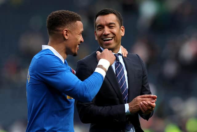 James Tavernier embraces Giovanni van Bronckhorst after Rangers' victory over Celtic in the Scottish Cup semi-final