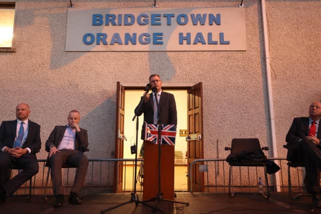 DUP leader Sir Jeffrey Donaldson speaks during last night’s anti-NI Protocol rally in Castlederg