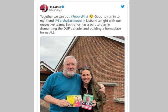 The tweet from Pat Catney of SDLP, left, about Sorcha Eastwood of Alliance, right, saying that both have a part to play in dismantling DUP ‘citadel’