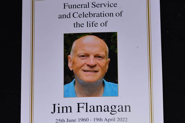 Pacemaker Press 21-04-2022: Jim Flanagan Respected journalist and former Sunday Life and Ballymena Guardian editor died 19th April 2022, aged 61. 
Loving husband of Colette, father of James and Suzanne, father-in-law of Iain, grandfather of Lana and Freddy, treasured son of Olive and the late Jim, and brother of Gary.
Jim's funeral was held on Friday 22nd April at St Patrick's Church of Ireland, Jordanstown followed by burial at Carnmoney Cemetery.
Picture By: Arthur Allison/Pacemaker Press.