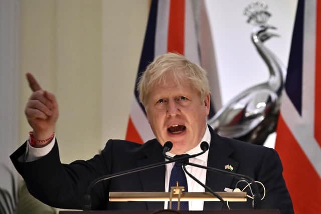 Prime Minister Boris Johnson at a press conference at Hyderabad House in Delhi, as part of his two day trip to India.