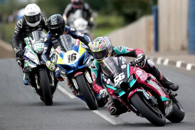 Adam McLean leads Mike Browne and Michael Sweeney in the first Superbike race at last year's Cookstown 100.