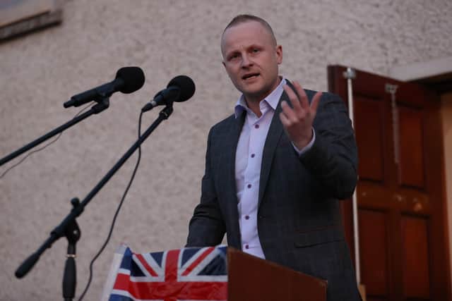 Loyalist blogger Jamie Bryson speaking at a a rally in opposition to the Northern Ireland Protocol, organised by West Tyrone United Unionists, in Castlederg, Co Tyrone. Picture date: Thursday April 21, 2022. PA Photo. See PA story POLITICS Brexit Rally. Photo credit should read: Liam McBurney/PA Wire