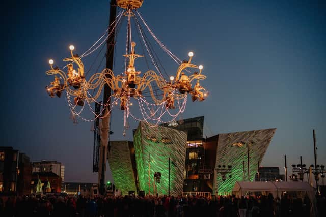 Members  of the orchestra in the giant chandelier at Titanic Quarter on Saturday night