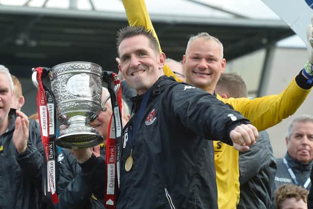 Stephen Baxter pictured celebrating the League title win in 2018