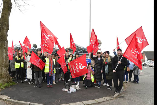 Striking Unite members pictured during a protest at Stormont last month. Picture: Arthur Allison/Pacemaker Press.