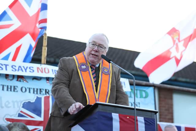 Mervyn Gibson of the Orange Order speaking during an anti Northern Ireland Protocol parade and rally in Broomfield Road, east Belfast. Picture date: Friday April 22, 2022.