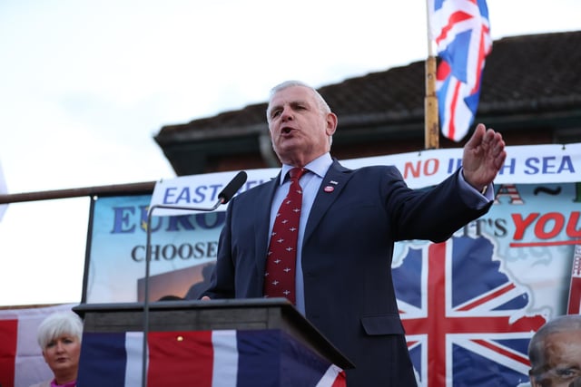 John Ross of the TUV speaking during an anti Northern Ireland Protocol parade and rally in Broomfield Road