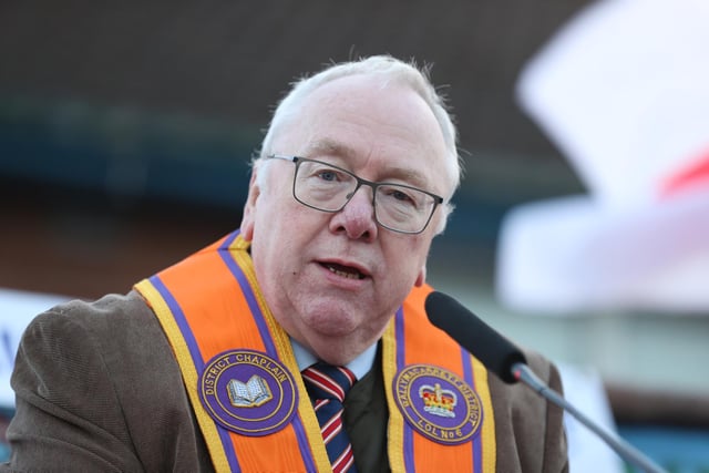 Mervyn Gibson of the Orange Order speaking during an anti Northern Ireland Protocol parade and rally in Broomfield Road