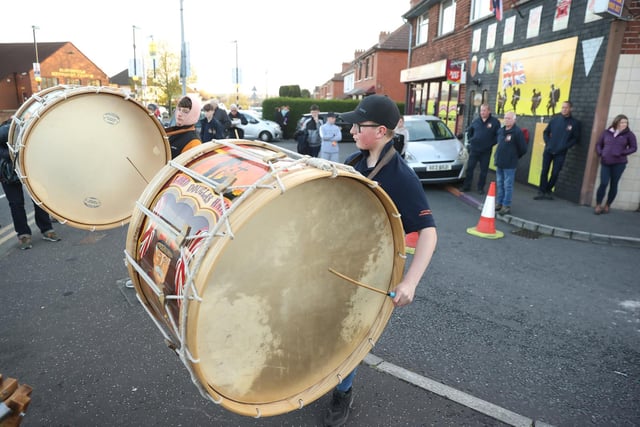 Members of the Moygashel Drumming club using Lambeg Drums during an anti Northern Ireland Protocol parade and rally in Grand Parade, east Belfast