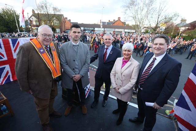 (left to right) Mervyn Gibson of the Orange Order, Moore Holmes, John Ross of the TUV, Joanne Bunting of the DUP and Karl Bennett of the PUP during an anti Northern Ireland Protocol parade and rally in Broomfield Road, east Belfast.