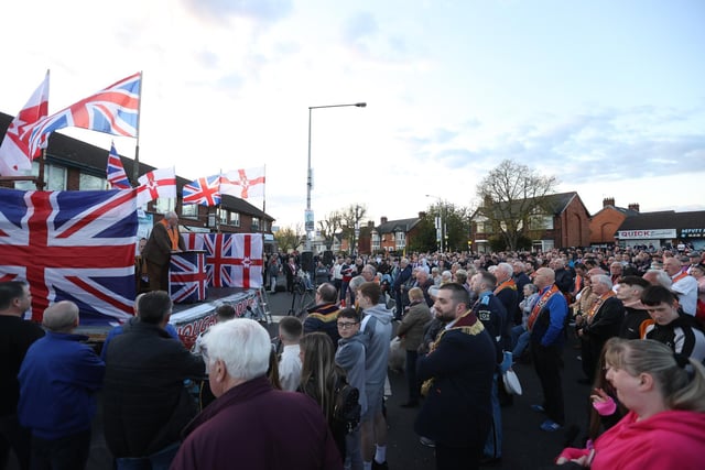 Mervyn Gibson of the Orange Order speaking during an anti Northern Ireland Protocol parade and rally in Broomfield Road