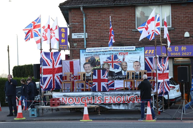 The stage being prepared before the anti Northern Ireland Protocol parade and rally in Broomfield Road