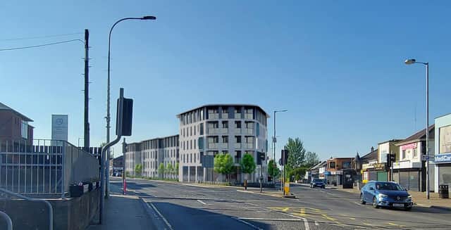 Artists impression of 63 apartments and a retail unit at the car wash and Ferbro buildings site in the centre of Glengormley