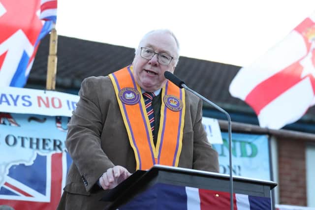 Orange Order Grand Secretary Rev Mervyn Gibson addressing an anti-protocol rally on Friday on the Bloomfield Road in east Belfast, where he invoked the Larne gun running of the old UVF.