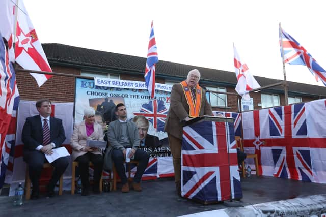 Mervyn Gibson speaking during the anti protocol rally on the Broomfield Road, east Belfast on Friday