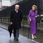 (Left-right) Jim Allister, Kate Hoey and Ben Habib arrive at the High Court in Belfast, where a judgment is expected in the challenge to the Northern Ireland Protocol.