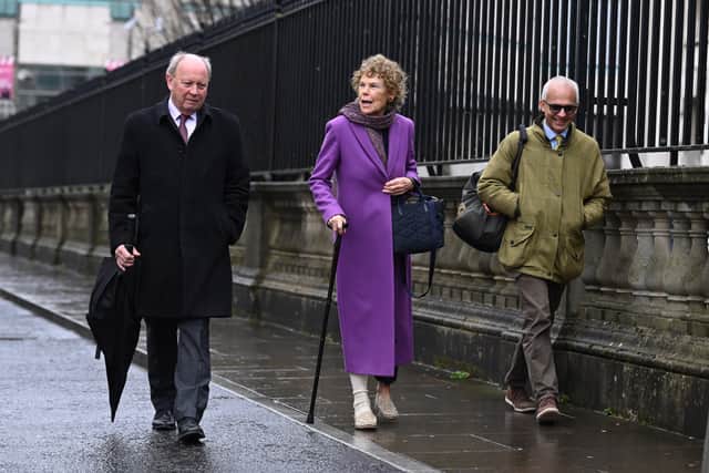 (Left-right) Jim Allister, Kate Hoey and Ben Habib arrive at the High Court in Belfast, where a judgment is expected in the challenge to the Northern Ireland Protocol.
