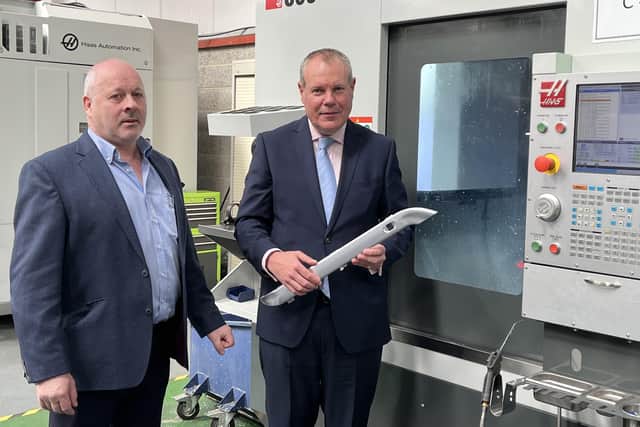 Pictured during a recent visit to Newry based Engineering firm, the Exact Group, is Minister of State, Conor Burns MP alongside managing director of the firm, Stephen Cromie